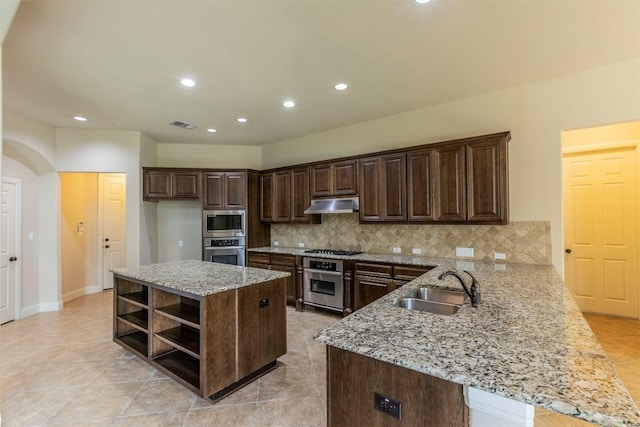 308 Angus Dr, Cedar Park, TX 78613 - kitchen featuring appliances with stainless steel finishes, under cabinet range hood, open shelves, tasteful backsplash, and recessed lighting