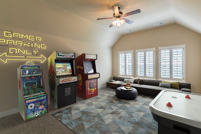 308 Angus Dr, Cedar Park, TX 78613 - playroom featuring vaulted ceiling, ceiling fan, carpet, and baseboards