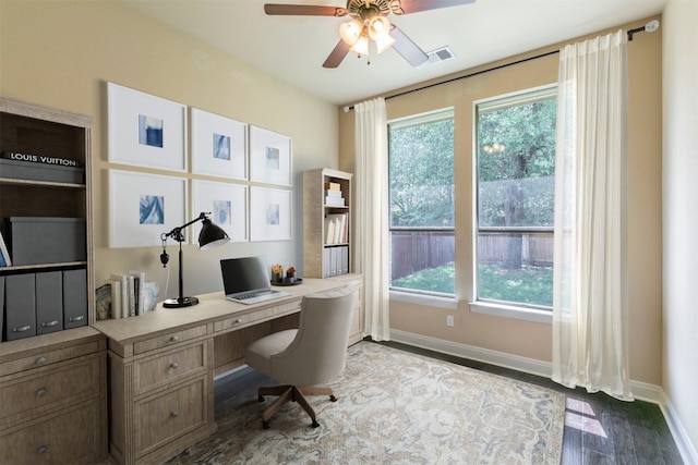 308 Angus Dr, Cedar Park, TX 78613 - office with baseboards, a ceiling fan, and wood finished floors