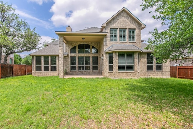 308 Angus Dr, Cedar Park, TX 78613 - back of house featuring brick siding, a chimney, a patio, and a shingled roof