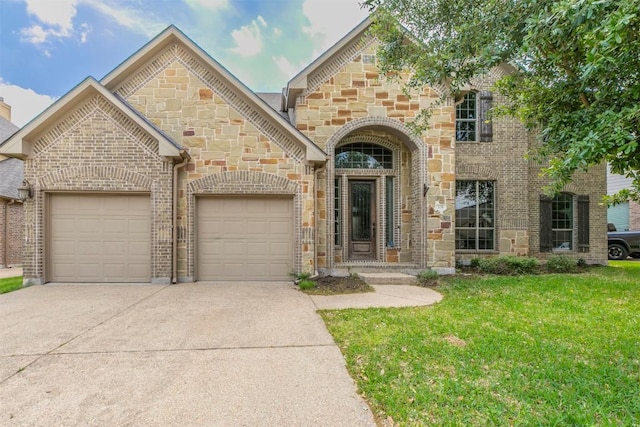 308 Angus Dr, Cedar Park, TX 78613 - french country home with an attached garage, concrete driveway, a front lawn, brick siding, and stone siding