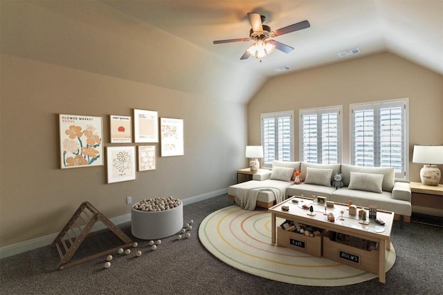308 Angus Dr, Cedar Park, TX 78613 - carpeted living area with plenty of natural light, ceiling fan, lofted ceiling, and baseboards