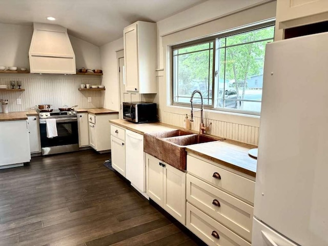 kitchen with white cabinets, open shelves, a sink, premium range hood, and appliances with stainless steel finishes