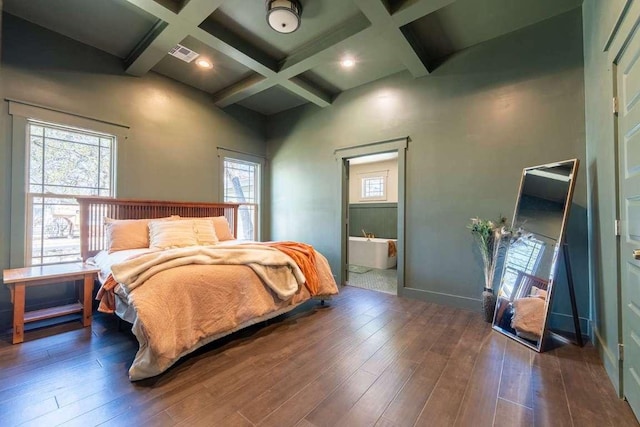 bedroom with hardwood / wood-style floors, visible vents, beam ceiling, and coffered ceiling