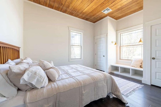 bedroom with dark wood-type flooring, visible vents, wood ceiling, and ornamental molding