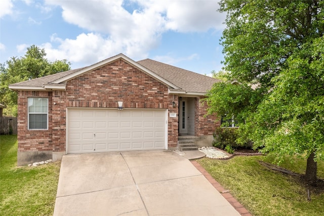 1317 Rimstone Dr, Cedar Park, TX 78613 - view of front of property with brick siding, concrete driveway, roof with shingles, an attached garage, and a front yard
