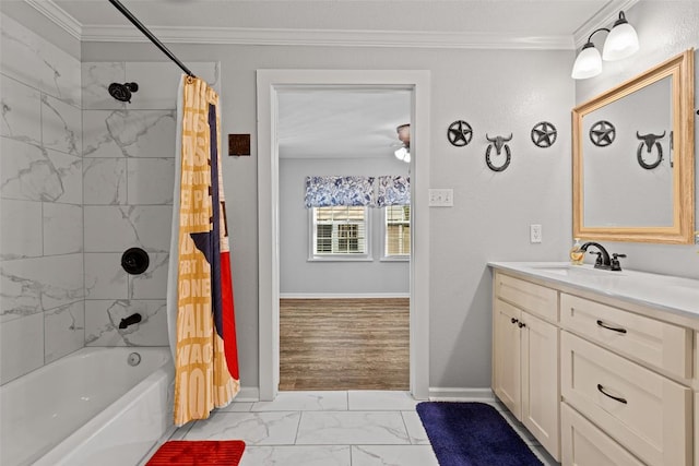 full bath with shower / bath combo with shower curtain, marble finish floor, vanity, and crown molding