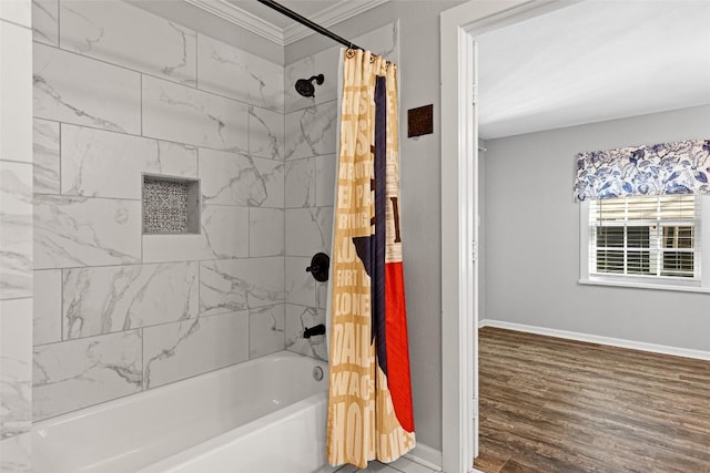 full bathroom with shower / tub combo, baseboards, crown molding, and wood finished floors