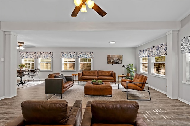 living area featuring ceiling fan, a wealth of natural light, wood finished floors, and baseboards