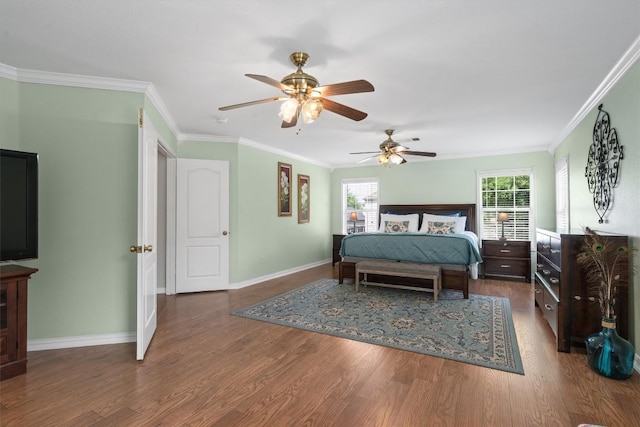 2205 Milan Dr, Cedar Park, TX 78613 - bedroom with wood finished floors, crown molding, baseboards, and a ceiling fan