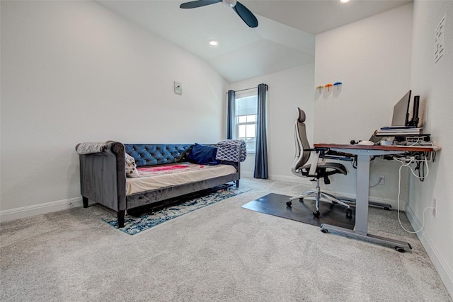 1117 Arbor Acres Loop, Leander, TX 78641 - home office featuring carpet floors, vaulted ceiling, ceiling fan, and recessed lighting