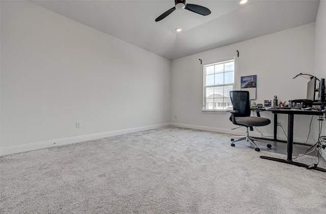 1117 Arbor Acres Loop, Leander, TX 78641 - office area with carpet floors, ceiling fan, baseboards, and lofted ceiling