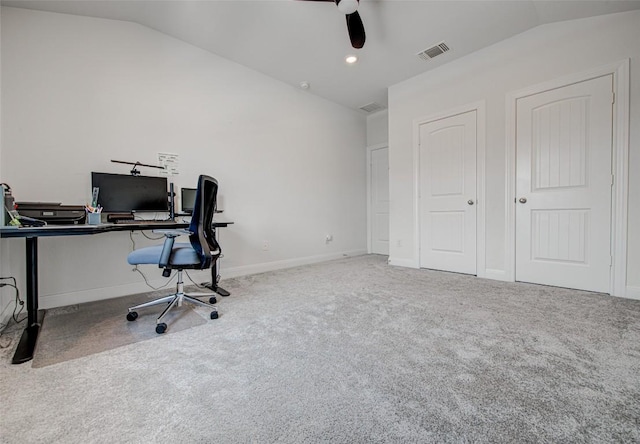office space with lofted ceiling, carpet, a ceiling fan, and baseboards