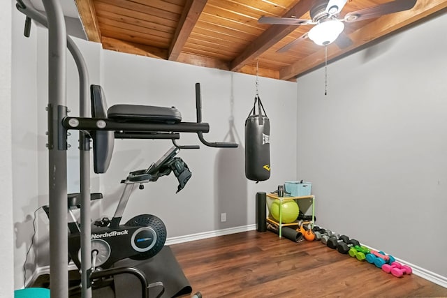 129 Valley Spur, Smithville, TX 78957 - exercise room featuring wood ceiling, baseboards, a ceiling fan, and wood finished floors