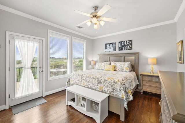 218 Sunrise Ridge Loop, Lakeway, TX 78738 - bedroom featuring access to exterior, ornamental molding, dark wood-style flooring, and ceiling fan