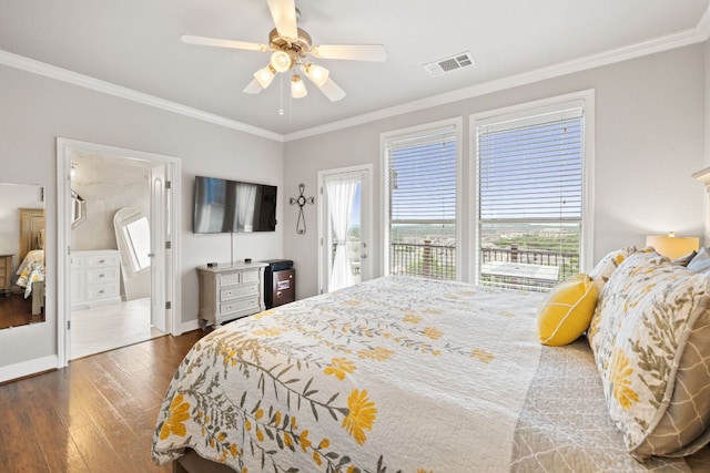 218 Sunrise Ridge Loop, Lakeway, TX 78738 - bedroom featuring ornamental molding, dark wood finished floors, access to outside, and ceiling fan