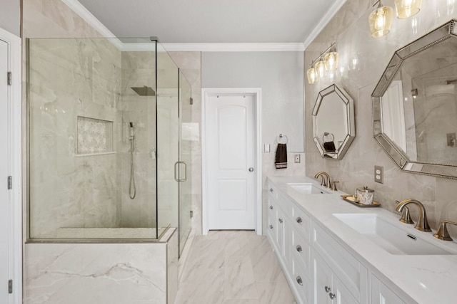 218 Sunrise Ridge Loop, Lakeway, TX 78738 - full bath with crown molding, a marble finish shower, double vanity, and marble finish floors
