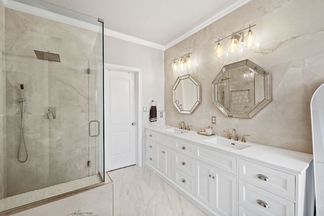 218 Sunrise Ridge Loop, Lakeway, TX 78738 - full bath featuring marble finish flooring, a marble finish shower, crown molding, and double vanity