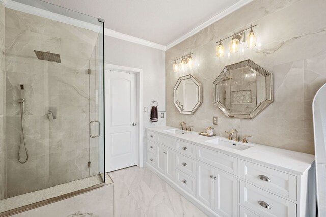 218 Sunrise Ridge Loop, Lakeway, TX 78738 - bathroom featuring marble look tile flooring, a marble finish shower, ornamental molding, and double vanity