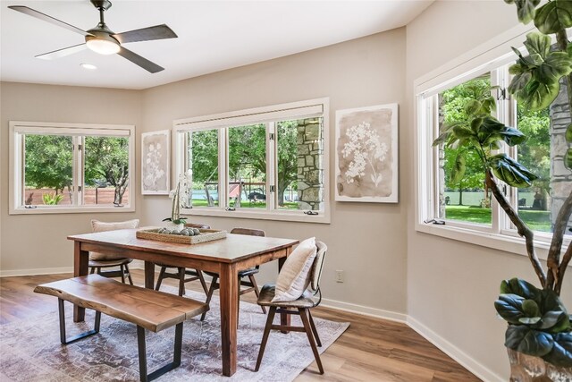 2305 Manana St, Austin, TX 78730 - dining room with baseboards, a ceiling fan, wood finished floors, and recessed lighting