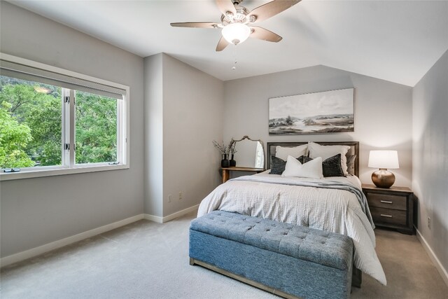 2305 Manana St, Austin, TX 78730 - carpeted bedroom with baseboards, lofted ceiling, and ceiling fan
