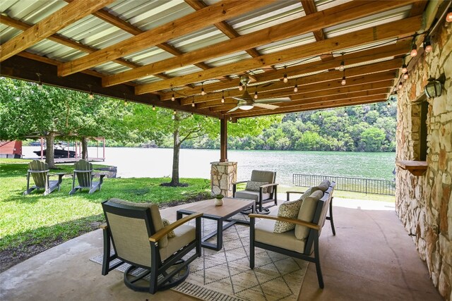 2305 Manana St, Austin, TX 78730 - view of patio with a ceiling fan, a water view, and an outdoor hangout area