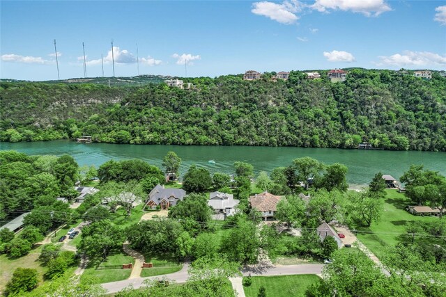 2305 Manana St, Austin, TX 78730 - aerial view of property and surrounding area with a large body of water and a heavily wooded area