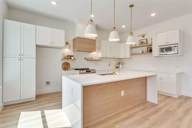 353 Nene Ln, Bastrop, TX 78602 - kitchen featuring a sink, built in microwave, open shelves, decorative backsplash, and white cabinets