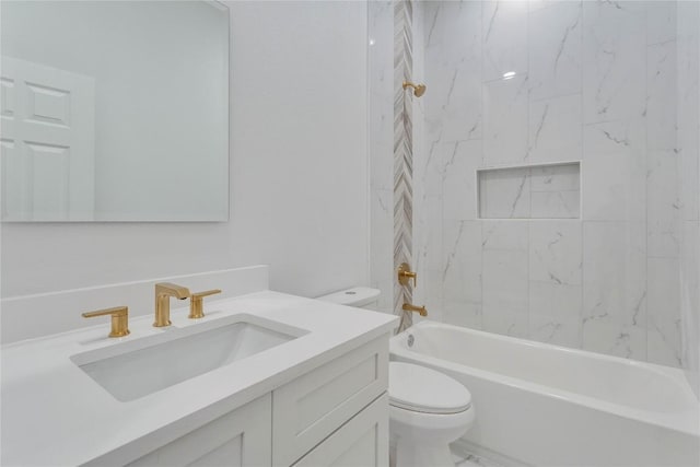 full bath featuring washtub / shower combination, toilet, and vanity