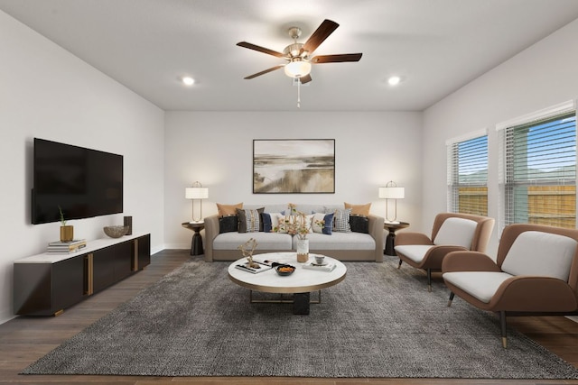 208 Lazy Lizzy Rd, Jarrell, TX 76537 - living room with wood finished floors, a ceiling fan, and recessed lighting