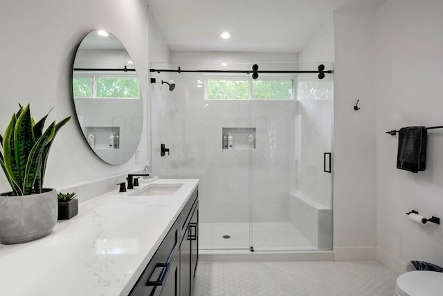full bathroom featuring a shower stall, a wealth of natural light, and vanity