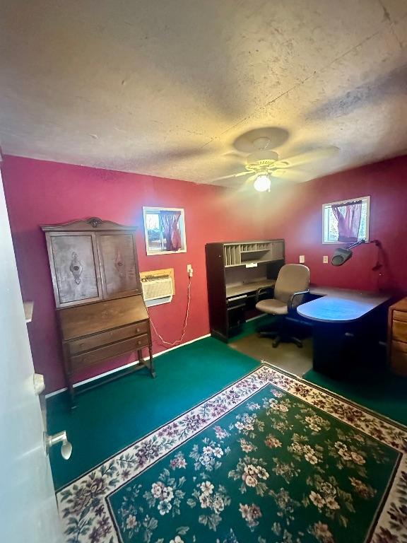 interior space with ceiling fan and a textured ceiling