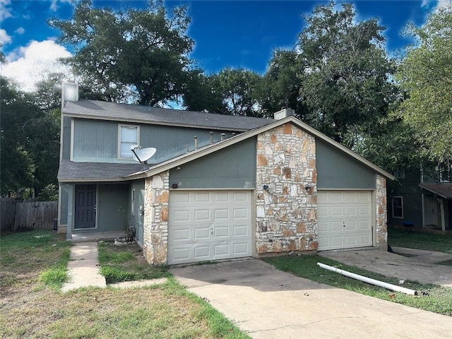 view of front of house with a chimney, fence, driveway, stone siding, and a garage