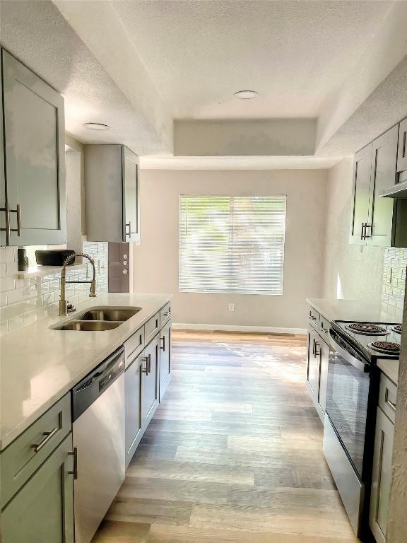 kitchen with dishwasher, a sink, a raised ceiling, and electric range oven