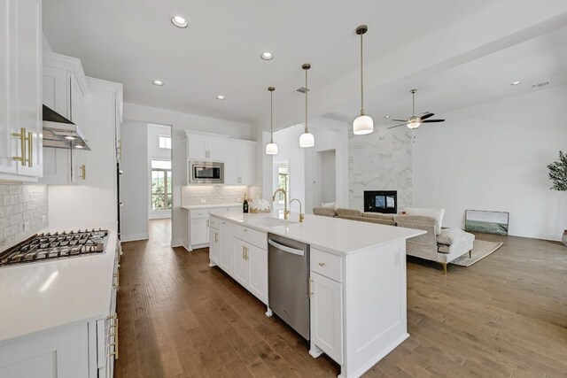 905 Crestone Stream Dr, Austin, TX 78738 - kitchen featuring appliances with stainless steel finishes, a fireplace, a ceiling fan, under cabinet range hood, and backsplash