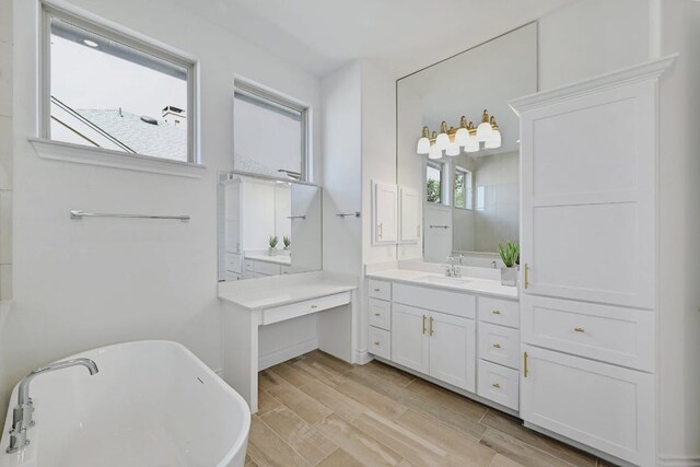 905 Crestone Stream Dr, Austin, TX 78738 - full bath featuring a freestanding bath, vanity, and wood finished floors