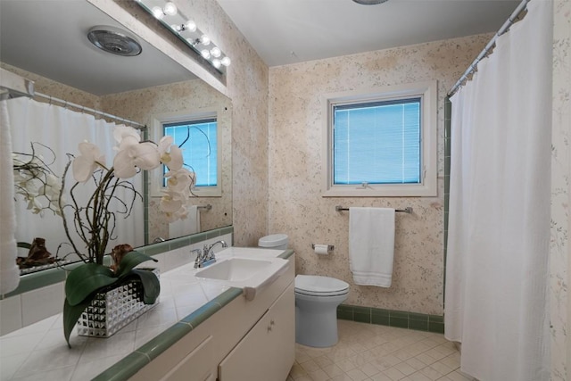 4602 Laurel Canyon Dr, Austin, TX 78731 - bathroom with tile patterned flooring, vanity, wallpapered walls, and a shower with shower curtain