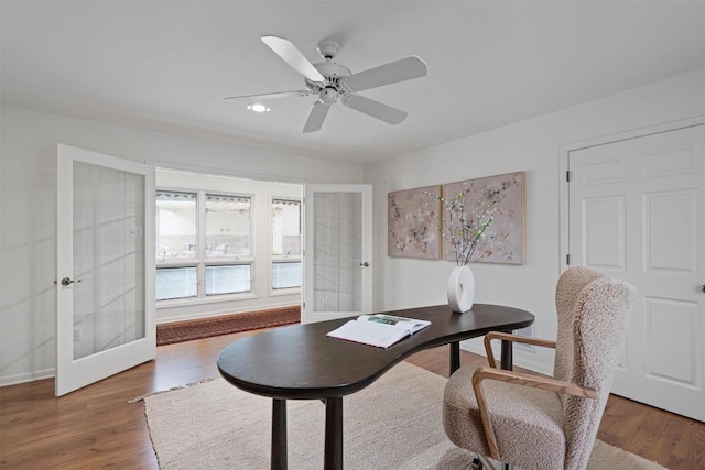 4602 Laurel Canyon Dr, Austin, TX 78731 - home office featuring french doors, wood finished floors, ceiling fan, and recessed lighting