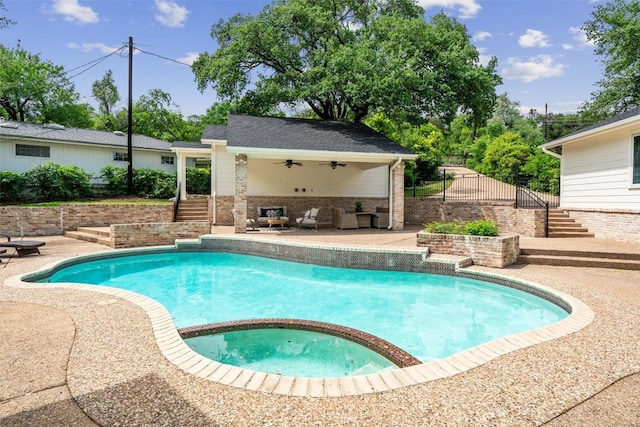 4602 Laurel Canyon Dr, Austin, TX 78731 - view of pool with stairs, a ceiling fan, an outdoor living space, and a patio