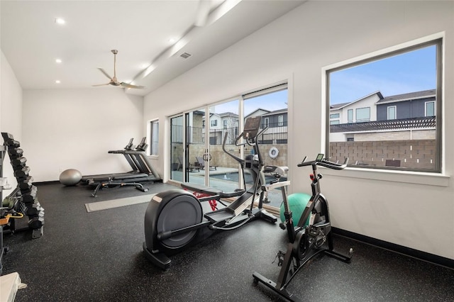2050 Lohmans Spur Rd Unit 1302, Lakeway, TX 78734 - workout area featuring a ceiling fan, recessed lighting, and baseboards