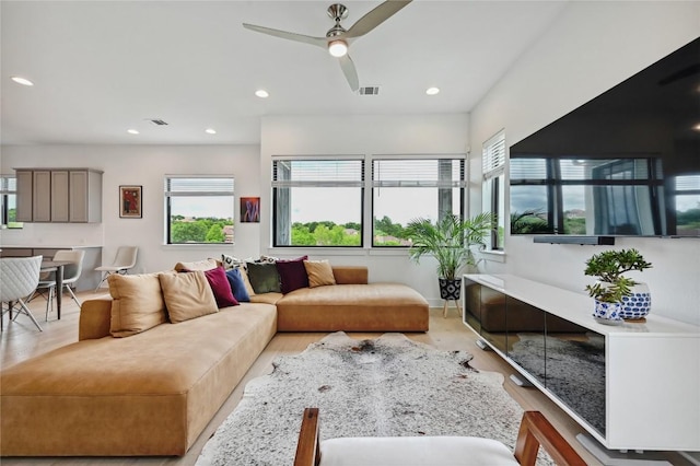 2050 Lohmans Spur Rd Unit 1302, Lakeway, TX 78734 - living area with light wood-type flooring, recessed lighting, and a ceiling fan