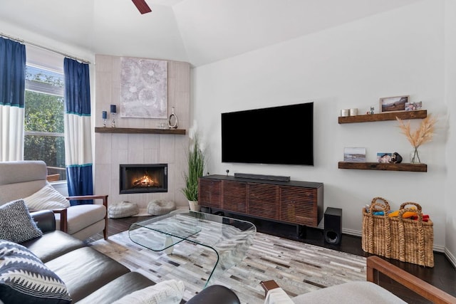 3905 Veneto Cir, Leander, TX 78641 - living area featuring wood finished floors, a fireplace, lofted ceiling, and ceiling fan