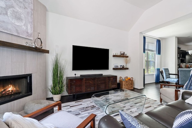 3905 Veneto Cir, Leander, TX 78641 - living room with vaulted ceiling, a fireplace, and wood finished floors