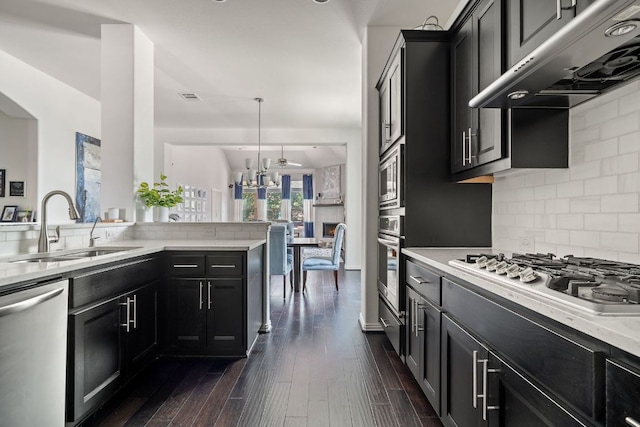 3905 Veneto Cir, Leander, TX 78641 - kitchen with appliances with stainless steel finishes, range hood, backsplash, dark cabinets, and dark wood finished floors