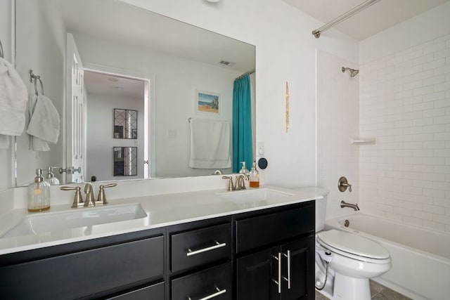3905 Veneto Cir, Leander, TX 78641 - bathroom featuring double vanity and shower / bathtub combination with curtain