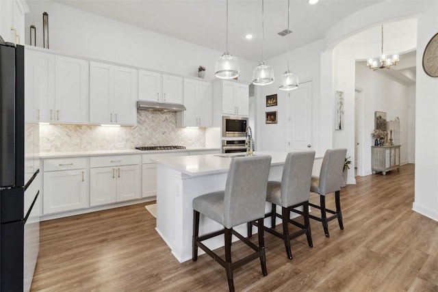 kitchen with white cabinets, stainless steel appliances, decorative backsplash, light countertops, and an island with sink