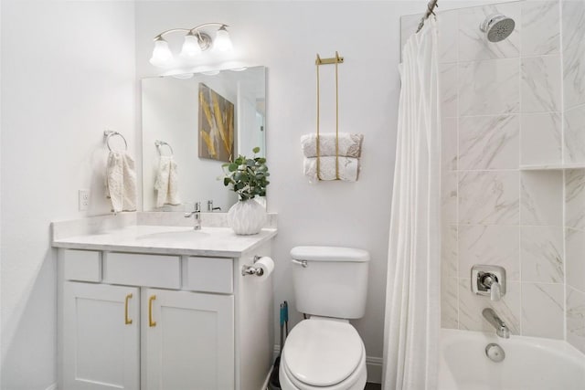 full bathroom with shower / bath combination with curtain, toilet, and vanity