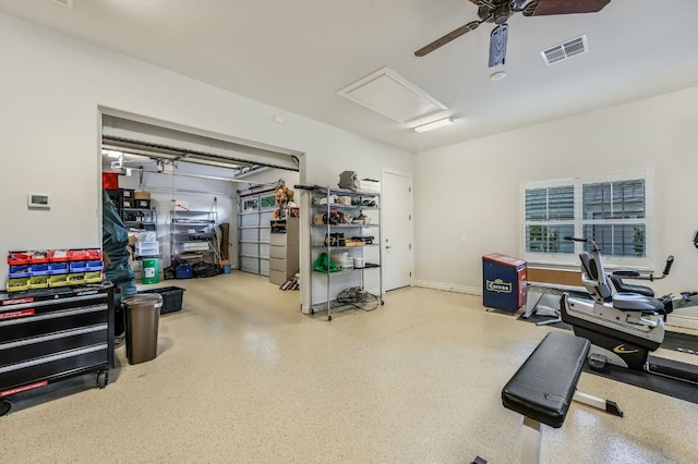 home office with speckled floor, ceiling fan, and visible vents