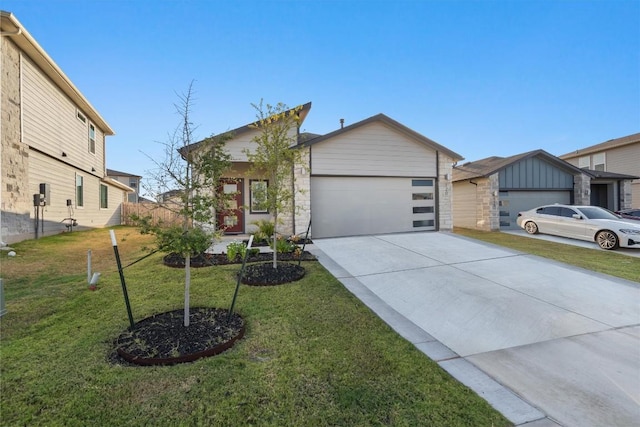 view of front of house featuring an attached garage, stone siding, a front lawn, and driveway