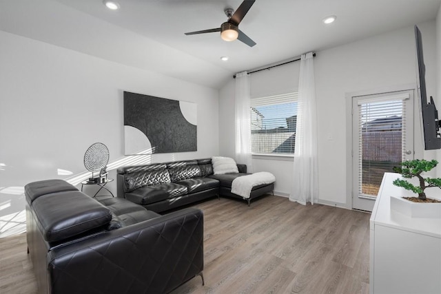 living area with ceiling fan, recessed lighting, and light wood-style flooring